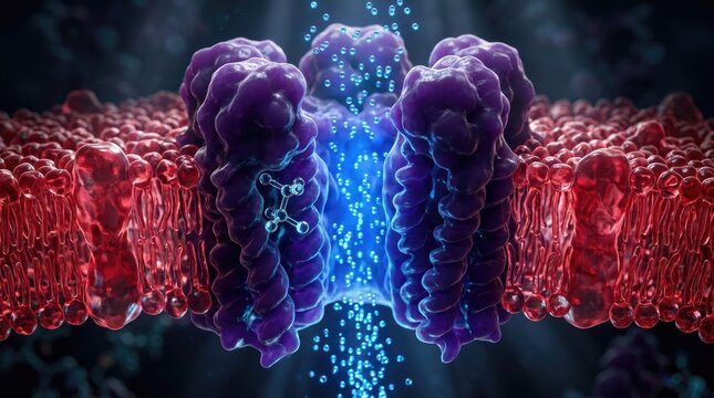Gaba-a receptor protein embedded in lipid bilayer membrane, showing alcohol ethanol molecule binding to transmembrane cavity, triggering massive chloride ion influx, neural hyperpolarization.