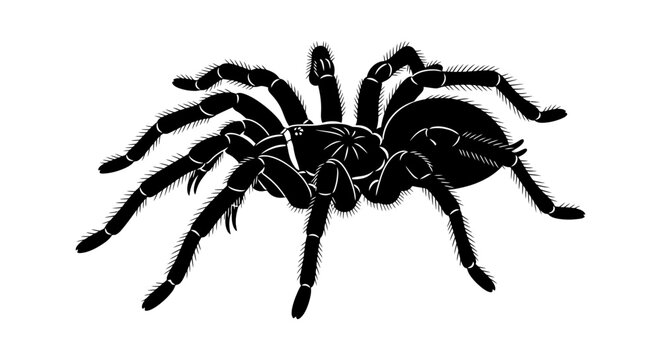 Detailed tarantula spider illustration features a stark black silhouette arachnid