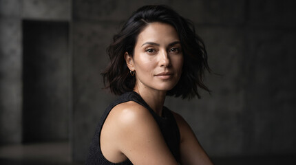 Fototapeta premium Portrait of a beautiful young woman with dark hair against a textured dark background.