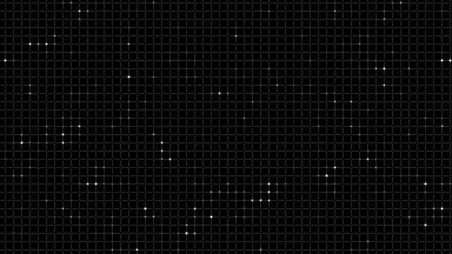 Intersecting white grid lines and glowing points animated on black background with alpha channel, creating a futuristic digital technology pattern
