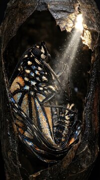 Butterfly cocoon shell revealing unfolding wing scales, insect chrysalis protective casing during metamorphosis process.