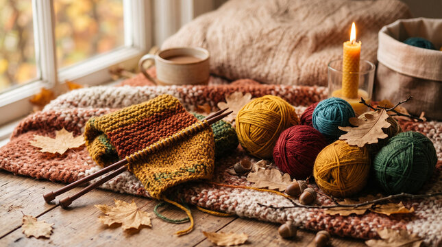 autumn knitting scene with colorful yarn balls and needles