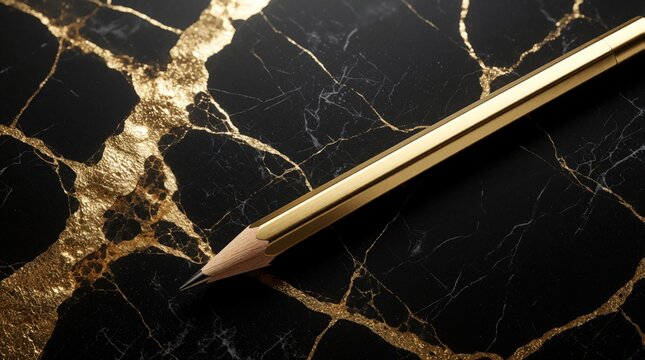 Gold pencil rests on black marble surface with luxury golden veins. Elegant stationery tool for drawing, creative writing on dark stone background. Premium art instrument provides sophisticated pro