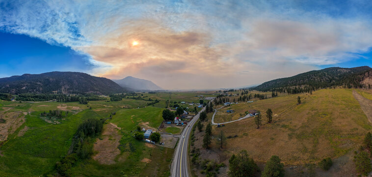 Aerial Panoramic View of Valley and Highway with Wildfire Smoke Near Merritt, British Columbia, Canada
