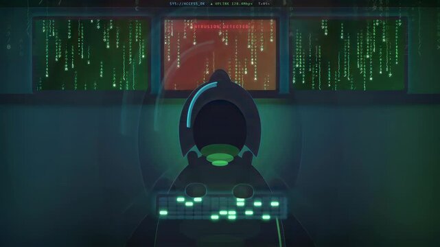 Futuristic spaceship cockpit with digital data screens and red alert warning system animation