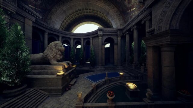 Sunlit heritage rotunda with verdant trees and marble lion, ornate cornices catching golden light, serene reflecting pool and quiet passageways inviting