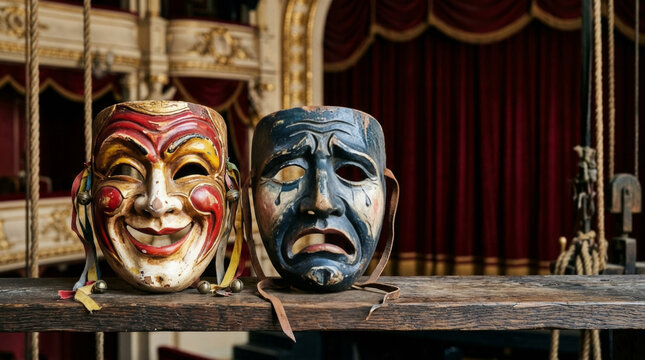 Vintage comedy and tragedy theater masks on a wooden stage. Classic drama concept with red velvet curtains in the background. Retro theatrical performance