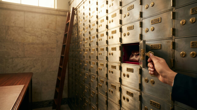 Hand opening a vintage steel safe deposit box with a key. Red pouch inside a secure bank vault compartment. Retro financial security and wealth protection concept