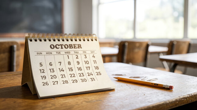 October desk calendar on a wooden school desk with a yellow pencil and paperclips. Blurred classroom background with chalkboard. Retro education and academic scheduling concept