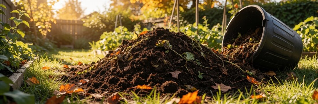 Black plastic container rests near pile of organic compost in sunny garden backyard. Soil mound with food scraps mixes for rich fertilizer earth. Dry leaves sit on grass during summer day. Eco