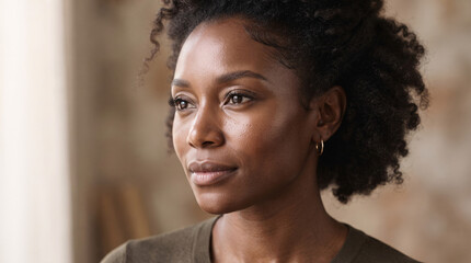 Obraz premium Portrait of a beautiful young African American woman looking away with a thoughtful expression.