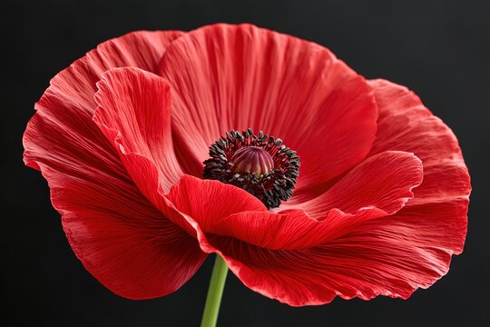 Red poppy flower macro close up on dark background studio lighting
