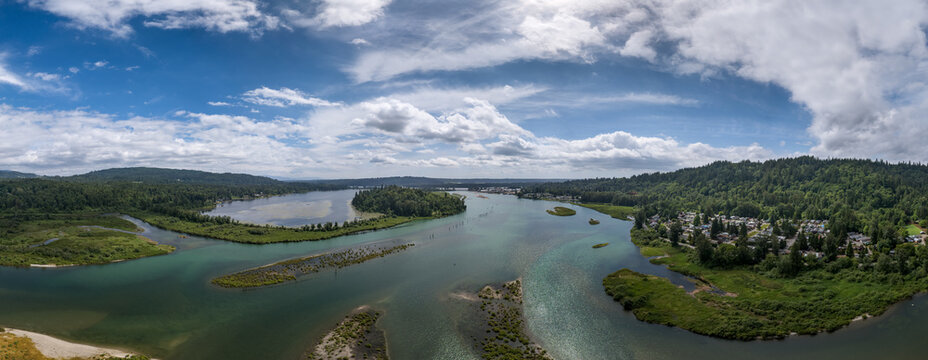 Aerial View of the Fraser River Estuary, Coastal Wetlands and Mission Town in Fraser Valley, BC