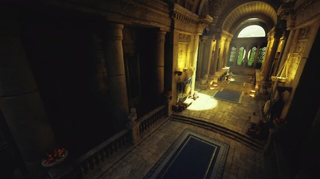 conservation setup in ancient marble hall with crates, brushes and lighting rigs, careful surveys near frescoed walls and pedestals, archival labels