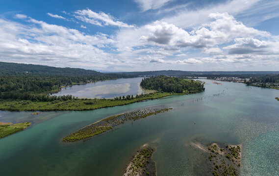 Aerial River Estuary Landscape Over Fraser Valley Near Mission British Columbia Canada With Lush Islands