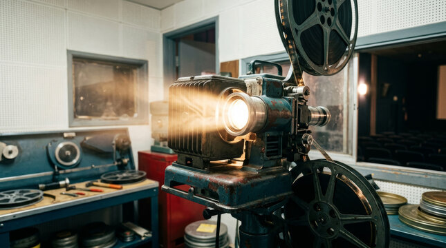 Vintage movie projector with a glowing lamp in a projection booth. Retro cinema equipment projecting light. Classic film theater concept