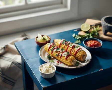 Grilled corn on the cob with toppings and dipping sauces on blue table
