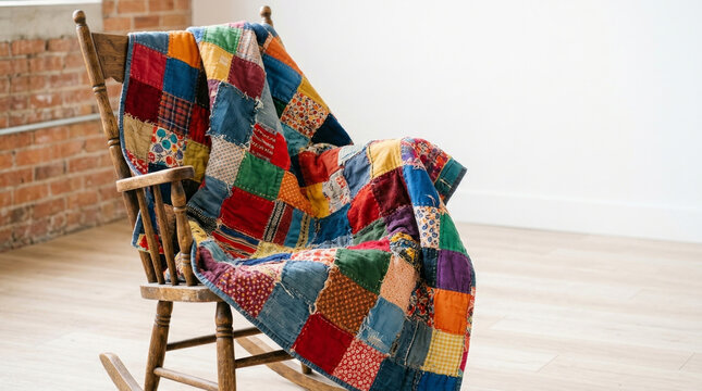 Colorful patchwork quilt draped over a wooden rocking chair. Vintage handmade blanket with patterned squares. Cozy rustic home decor