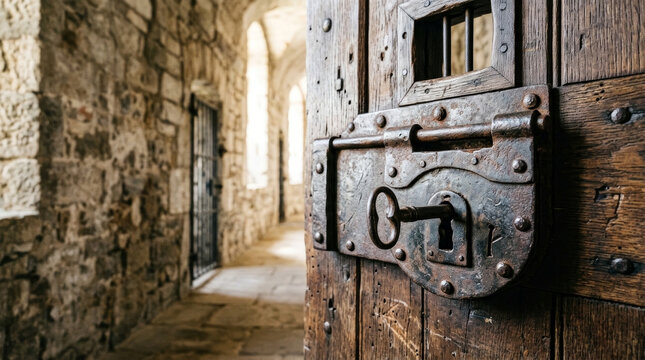 Heavy rusty iron lock with key on an old prison cell door. Vintage wooden door in a historic stone jail corridor. Security and confinement concept