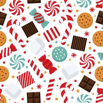 Seamless pattern of Christmas sweets with candy canes, cookies, chocolate bars and marshmallows on white
