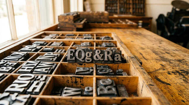 Metal movable type letters in a wooden tray. Vintage printing press letterpress blocks. Retro typography and publishing concept