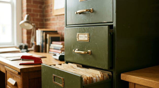 Vintage green metal filing cabinet with open drawer in retro office. Antique steel document organizer with manila folders. Finance archive concept