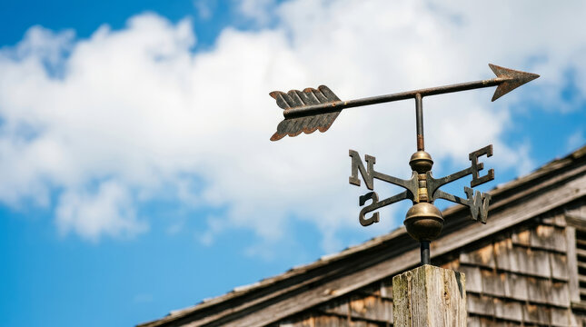 Vintage metal weather vane with arrow pointer and cardinal directions. Antique wind indicator on wooden post against blue sky