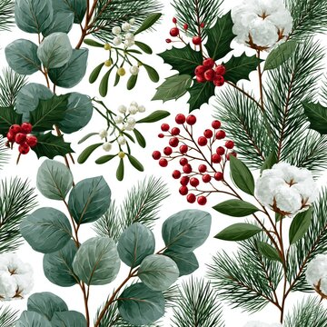 Seamless pattern with winter foliage of pine branches eucalyptus leaves red berries and cotton flowers