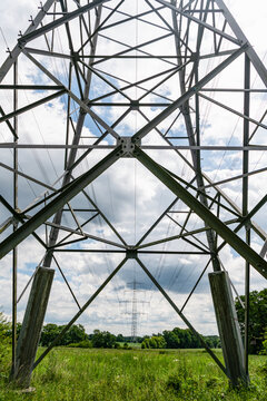 Green nature energy. Landscape of electric voltage station. High voltage. Electricity pylon structure. Nature summer environment. Electricity tower. Electricity power lines in nature landscape