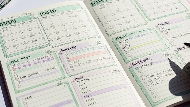 Open journal with colorful, hand-drawn calendar, mood trackers, and to-do lists