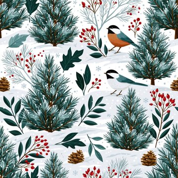 Seamless pattern with winter birds and evergreen pine trees on a snowy background