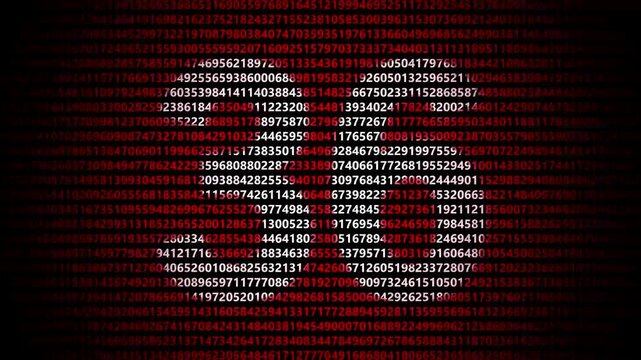 Abstract digital background featuring a 36 number shape formed by bright white numbers against a flowing red numerical stream alphabet data code technology math