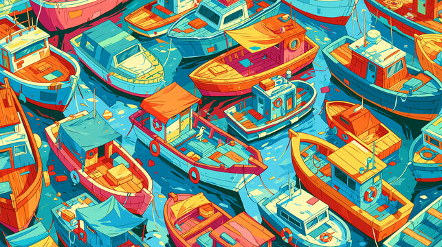 Colorful boats bobbing on vibrant blue waters, creating a lively maritime scene.