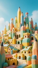 Obraz premium Creative kingdom made from colorful pencils, erasers forms small town architecture. Fantasy landscape includes pastel houses, pencil skyscrapers under blue sky. Artistic urban construction uses
