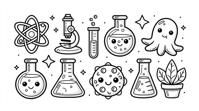 Cute cartoon science elements including flasks, microscope, and playful octopus.