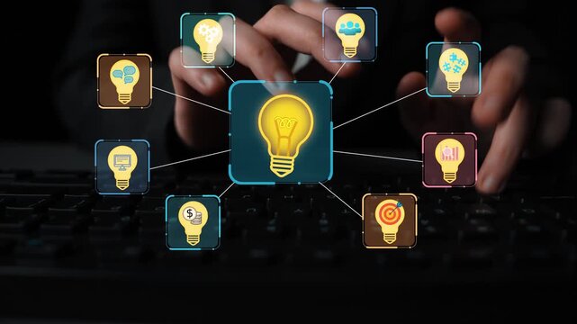 Hands Typing on Keyboard with Light Bulb Icons Representing Ideas, Innovation, and Creativity in a Digital Environment. Entropy.