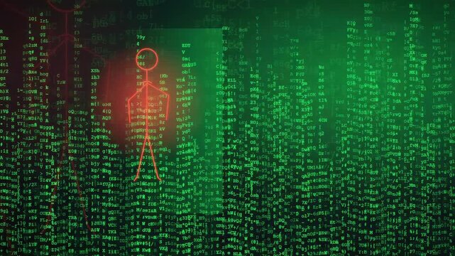 Digital human silhouette glowing red amidst falling green binary code and data stream background