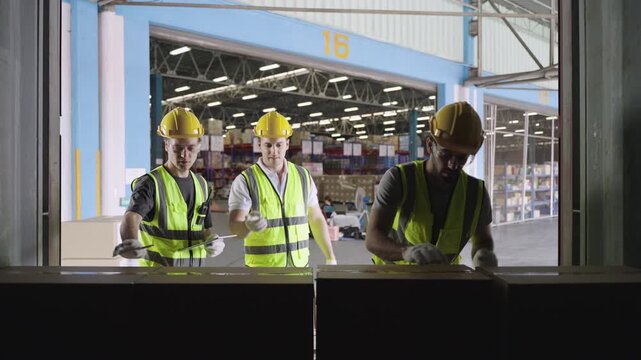 Team of happy men warehouse workers in yellow helmets using tablets, working, talking, discussing, checking, and shaking hands after loading cargo boxes into a container at distribution factory. 