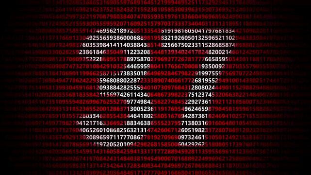 Abstract digital background featuring a 37  number shape formed by bright white numbers against a flowing red numerical stream alphabet data code technology math