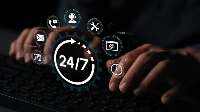 Hands Typing on Keyboard with 24-7 Service Icons Representing Online Support and Communication in a Dimly Lit Environment. Entropy.