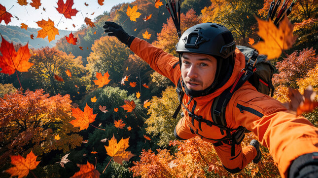 Man paraglides through autumn forest, orange leaves fall around him. Adventurer wears helmet and gear, enjoys free fall over colorful trees. Exciting flight, wind in hair, freedom.