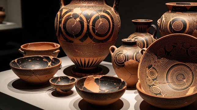 Broken antique pottery collection on display table. Damaged greek ceramic amphora, clay bowls feature traditional geometric patterns. Ancient historical artifacts ruins from archaeology excavation