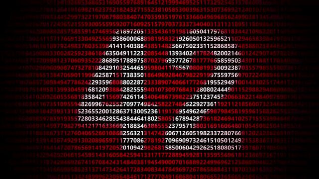 Abstract digital background featuring a 42 number shape formed by bright white numbers against a flowing red numerical stream alphabet data code technology math