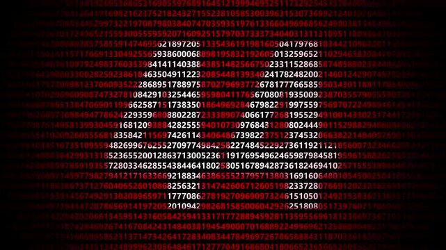 Abstract digital background featuring a 44 number shape formed by bright white numbers against a flowing red numerical stream alphabet data code technology math