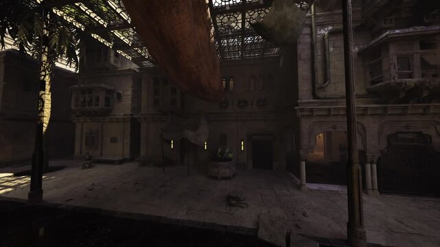 deep shadowed courtyard with overhead canopy and darkened doorways, sparse warm light highlights textured facades and empty thresholds, cinematic atmosphere