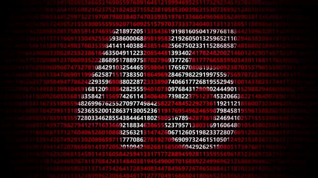 Abstract digital background featuring a 45 number shape formed by bright white numbers against a flowing red numerical stream alphabet data code technology math