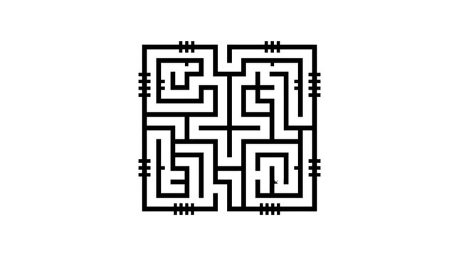 Minimalist black square maze pattern on white background.