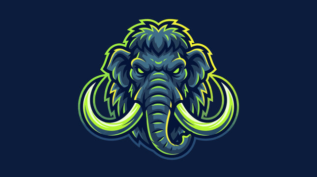 Mammoth head mascot logo with green tusks.