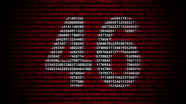 Abstract digital background featuring a 46 number shape formed by bright white numbers against a flowing red numerical stream alphabet data code technology math