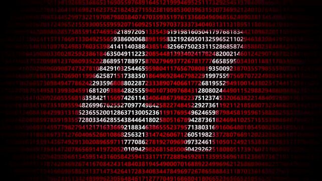 Abstract digital background featuring a 47 number shape formed by bright white numbers against a flowing red numerical stream alphabet data code technology math